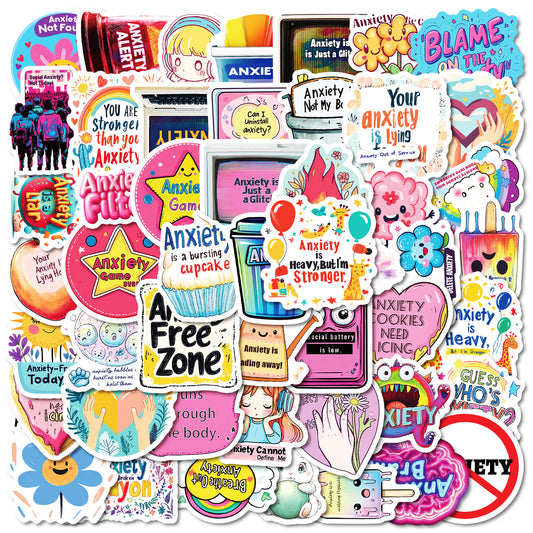 mental health stickers pack with positive affirmations and anxiety relief quotes, 55PCS vinyl anxiety stickers with self care messages and therapy support, motivational stickers for mental health journaling, laptops, and planners, uplifting waterproof mental health stickers for depression and anxiety support, cute cartoon-style mental health awareness sticker bundle for teens and adults, eco-friendly PVC mental health stickers for students and therapists, aesthetic mental health planner stickers with daily