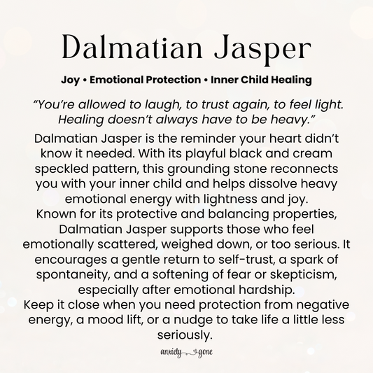 Dalmatian Jasper worry stone for anxiety relief, stress support, and grounding – natural thumb stone with Black Tourmaline inclusions and info card
