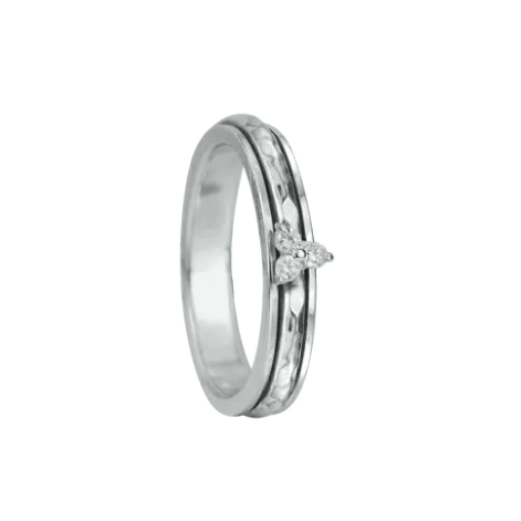 Gorgeous Sterling Silver Meditation Ring with delicately hammered center spinning band and CZ Three Tear Drop element, displayed with complimentary MeditationRings Tin and Travel Pouch