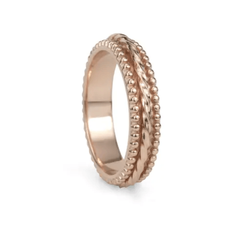 14KT Rose Gold Fidget Ring Meditation Agoda Ring with bubble edges and spinning band, displayed with Fidget Rings Tin and Travel Pouch