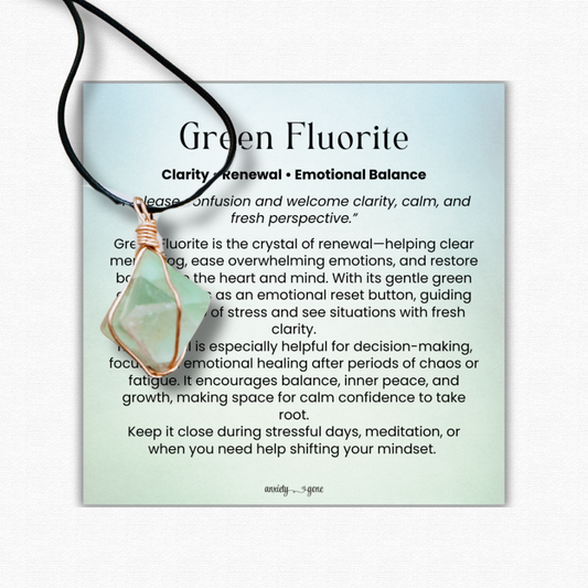 Green Fluorite Wire Wrapped Necklace with black cord – healing crystal jewelry for clarity, stress relief, focus, emotional balance, and chakra healing.