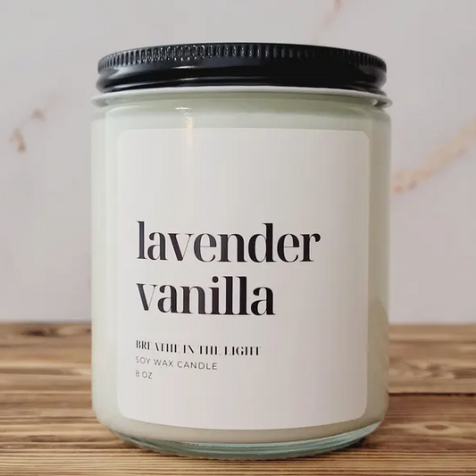Lavender Vanilla Soy Candle handmade in uk, sustainable candle, calming gifts, and personalized soy wax candle for anxiety relief.