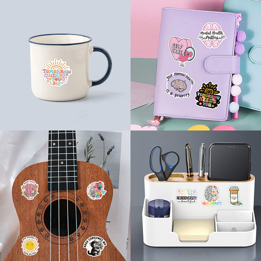 mental health stickers pack with positive affirmations and anxiety relief quotes, 55PCS vinyl anxiety stickers with self care messages and therapy support, motivational stickers for mental health journaling, laptops, and planners, uplifting waterproof mental health stickers for depression and anxiety support, cute cartoon-style mental health awareness sticker bundle for teens and adults, eco-friendly PVC mental health stickers for students and therapists, aesthetic mental health planner stickers with daily