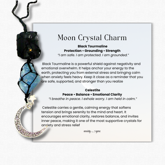 Black Tourmaline and Celestite Hanging Crystal Charm with Crescent Moon symbol, healing crystal charm for protection, grounding, and anxiety relief, calming crystal car charm, gemstone hanging ornament for home or meditation space, spiritual crystal charm for transformation and new beginnings, black tourmaline charm for energy protection, celestite charm for inner peace and emotional clarity, crescent moon crystal décor gift for women and men