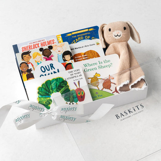 Baby gift basket with classic children’s books and bunny lovie is First library gift set for newborn with 7 storybooks