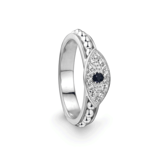 Evil Eye Ring with bubble pattern spinning band, clear CZ Evil Eye, and blue sapphire, displayed with complimentary MeditationRings tin and travel pouch