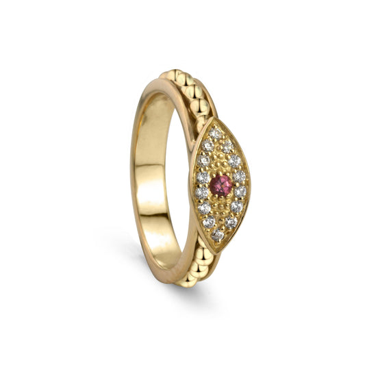 Nazar Gold Crystal Fidget Ring – Stackable 14 KT Yellow Gold Vermeil Meditation Ring with Evil Eye and Pink Tourmaline for mindfulness, protection, and mental wellness.