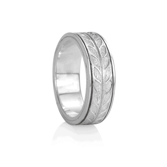 Hailey Sterling Silver Worry Ring with hand-carved brushed leaf pattern spinning band, displayed with complimentary MeditationRings Tin