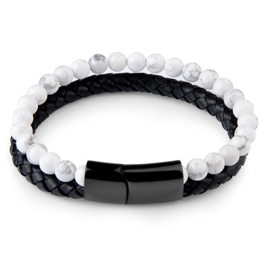 Quiet Mind White Howlite Leather Bracelet with crystals for anxiety and emotional balance.