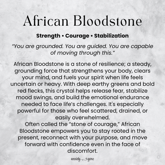 African Bloodstone worry stone for anxiety relief, grounding, and abundance – polished thumb stone with info card for protection and stress support