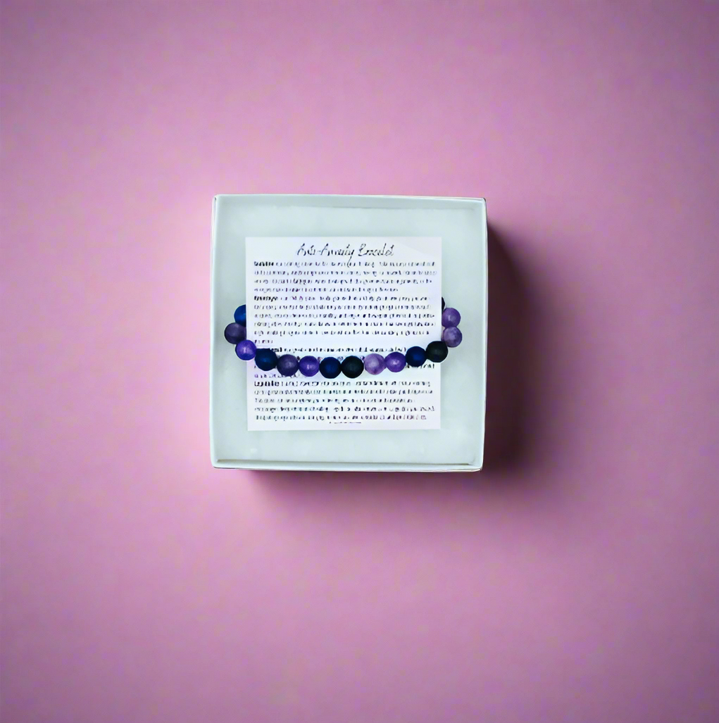Anti-Agoda Healing Bracelet with the best healing crystals for anxiety, sodalite, amethyst, lapis lazuli, and lepidolite stones for anxiety relief and emotional balance, making it perfect for spiritual gifts. 