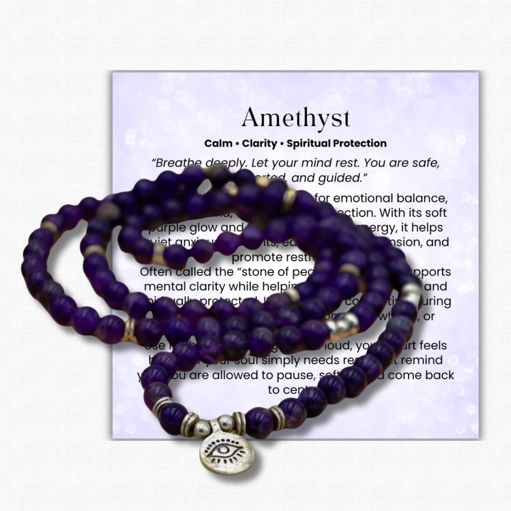 Peaceful Amethyst Third Eye Mala Bead Necklace for meditation, chakra healing, and spiritual balance.