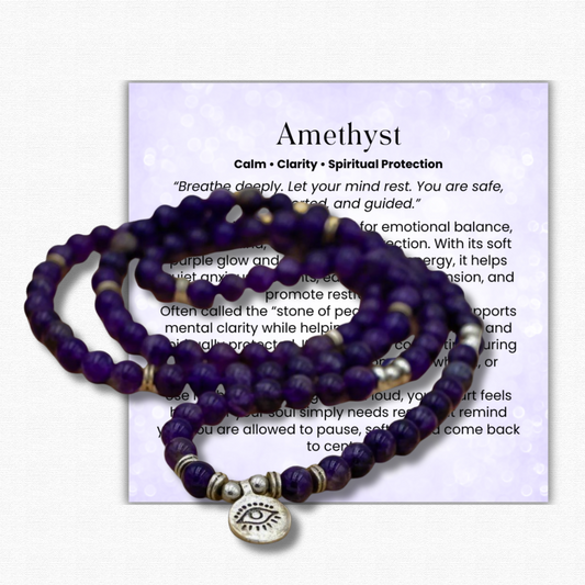Peaceful Amethyst Third Eye Mala Bead Necklace for meditation, chakra healing, and spiritual balance.