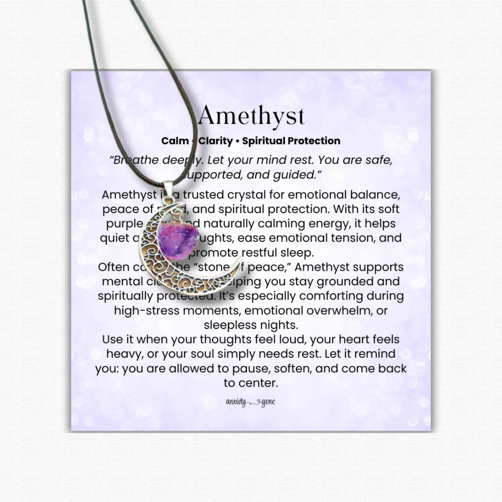 Crescent Moon Necklace in Amethyst, Rose Quartz, and Clear Quartz crystals, healing crystal moon pendant for love, clarity, and anxiety relief, gemstone crescent moon jewelry for women and men, rose quartz necklace for self-love, amethyst necklace for stress and spiritual balance, clear quartz necklace for manifestation and healing, spiritual moon jewelry gift, crystal pendant necklace for chakra healing and mindfulness