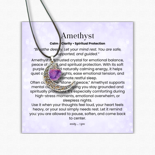 Crescent Moon Necklace in Amethyst, Rose Quartz, and Clear Quartz crystals, healing crystal moon pendant for love, clarity, and anxiety relief, gemstone crescent moon jewelry for women and men, rose quartz necklace for self-love, amethyst necklace for stress and spiritual balance, clear quartz necklace for manifestation and healing, spiritual moon jewelry gift, crystal pendant necklace for chakra healing and mindfulness