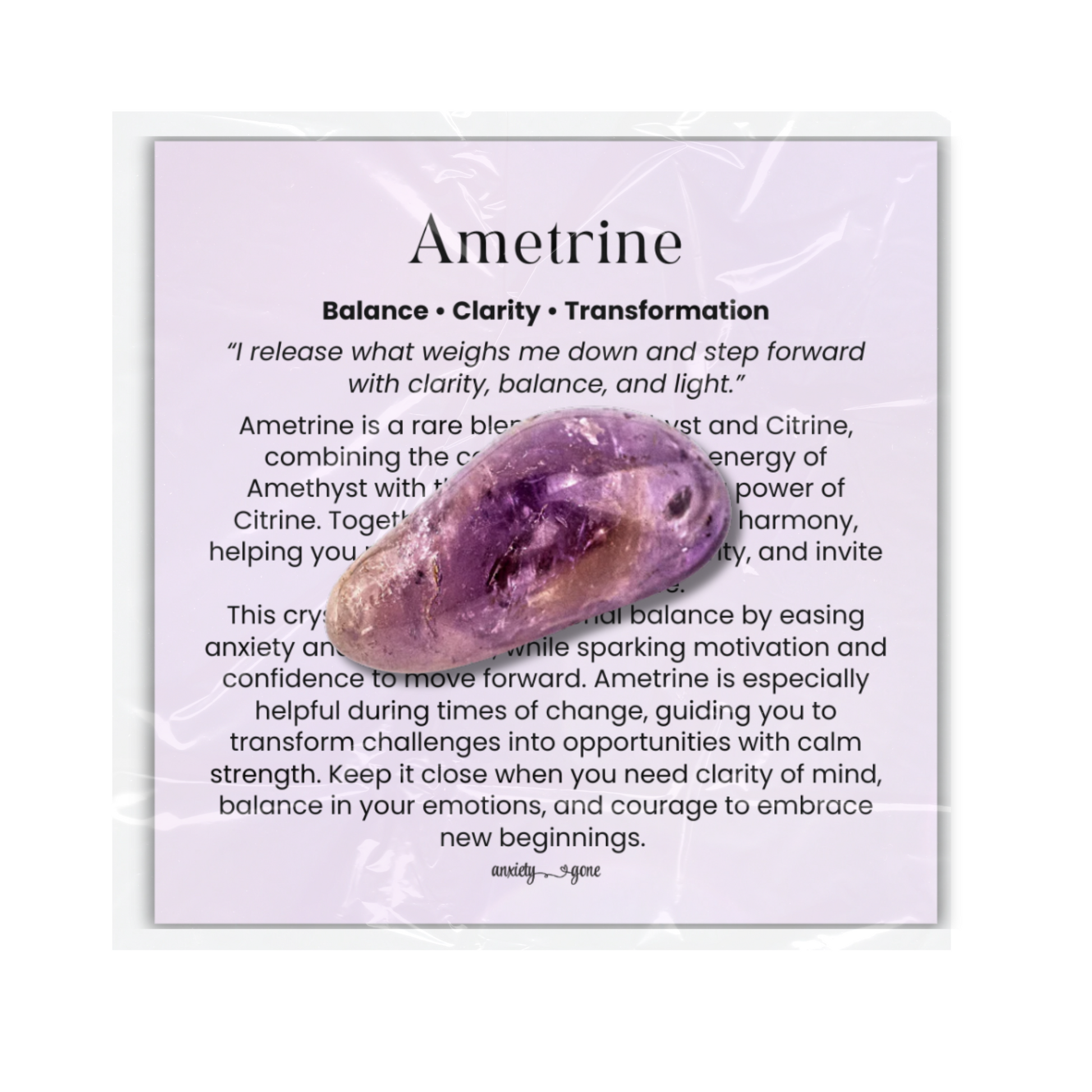 Natural raw ametrine crystal healing stone for anxiety relief, balance, clarity, meditation, chakra healing, spiritual growth, and energy alignment – includes info card and gift bag
