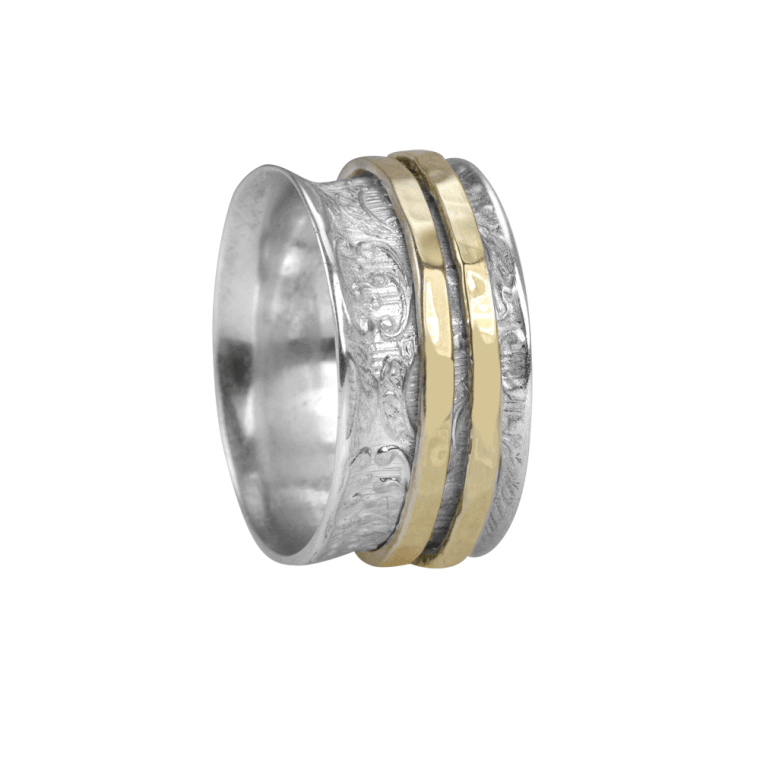 Sterling Silver Agoda Ring with leaf pattern and Yellow Gold spinning bands, displayed with complimentary MeditationRings Tin and Travel Pouch