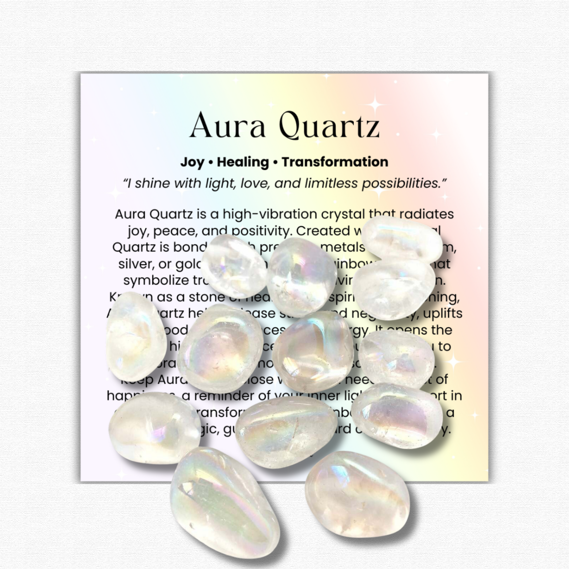 Aura Quartz Tumbled Stone 1–2 inches, rainbow healing crystal for joy and transformation, iridescent aura quartz gemstone for stress relief and positivity, high-vibration crystal for spiritual growth and energy healing, natural aura quartz meditation stone with rainbow shine, genuine aura quartz pocket stone for mindfulness and reiki, shimmering aura quartz crystal gift for women and men