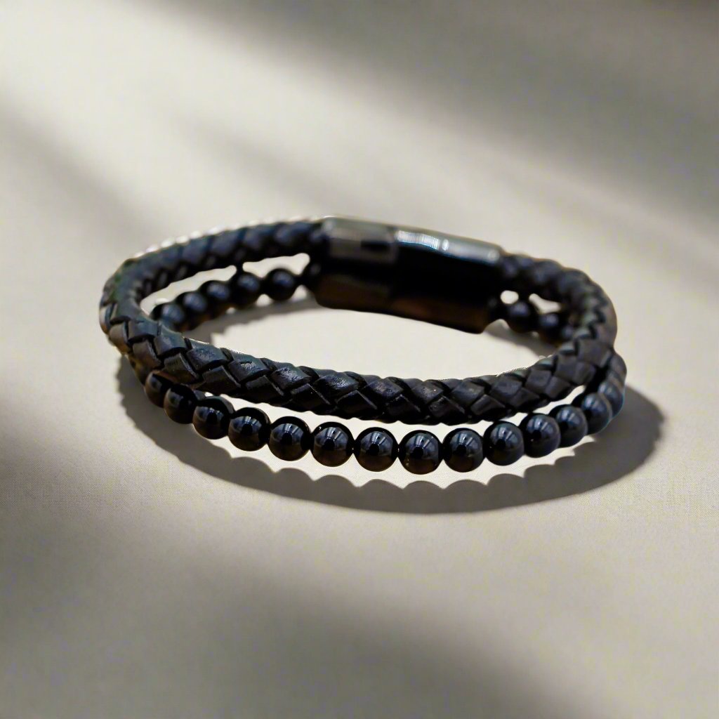Grounding Black Agate Leather Bracelet for emotional healing, mental balance, and protection.