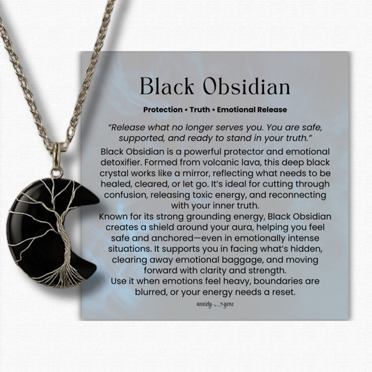 Black Obsidian Crescent Moon Necklace with Tree of Life charm, healing crystal jewelry for grounding, protection, root chakra healing, energy cleansing, anxiety relief, spiritual gemstone necklace for women and men, crescent moon crystal pendant, black obsidian protection stone necklace, meditation and mindfulness jewelry gift