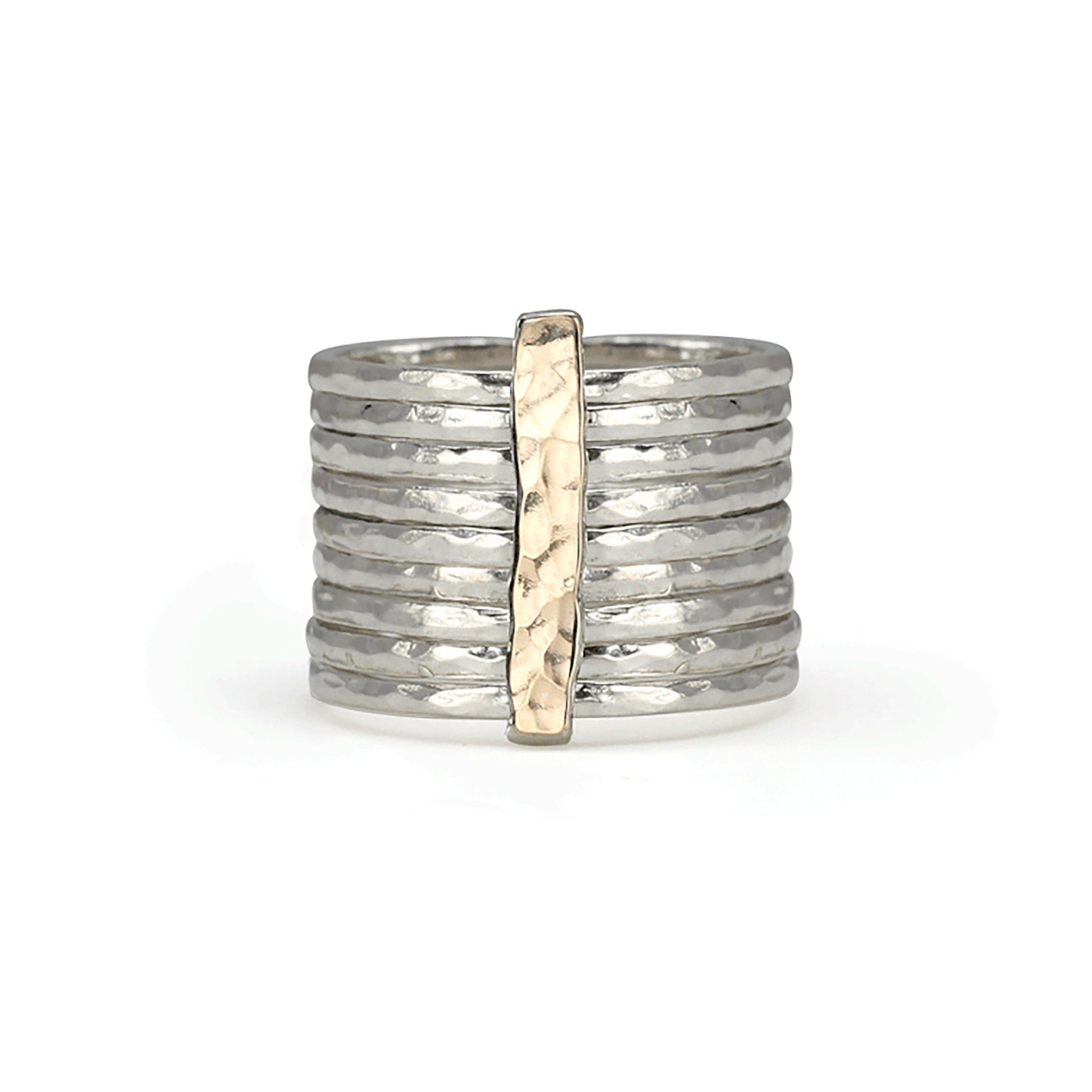 Breath Sterling Silver Fidget Ring for Women with Yellow Gold Accent Bar and Nine Spinning Bands – A feminine and playful meditation ring designed for mindfulness and joy.
