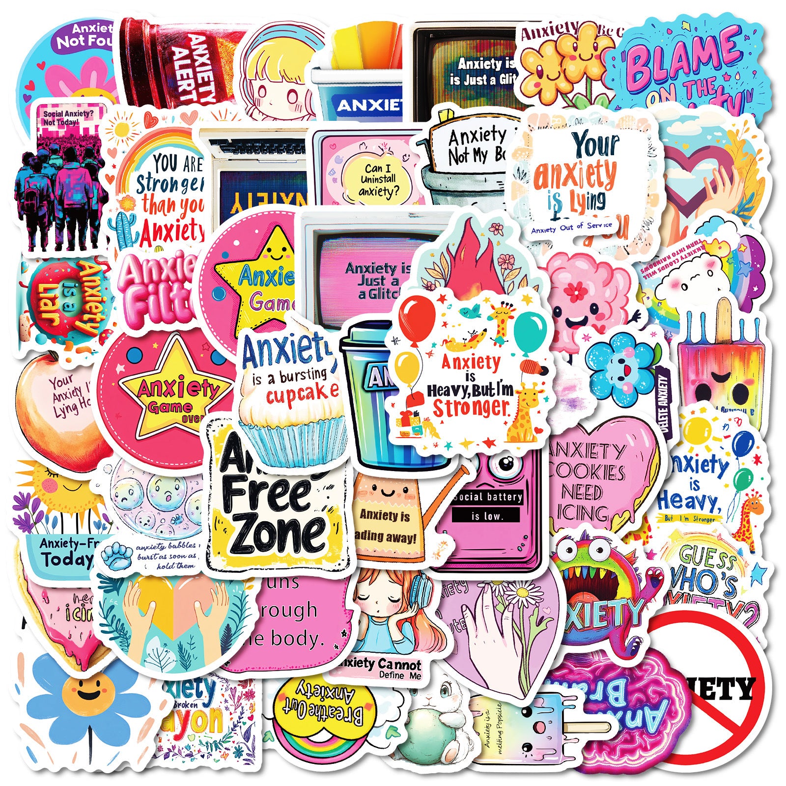 mental health stickers pack with positive affirmations and anxiety relief quotes, 55PCS vinyl anxiety stickers with self care messages and therapy support, motivational stickers for mental health journaling, laptops, and planners, uplifting waterproof mental health stickers for depression and anxiety support, cute cartoon-style mental health awareness sticker bundle for teens and adults, eco-friendly PVC mental health stickers for students and therapists, aesthetic mental health planner stickers with daily 
