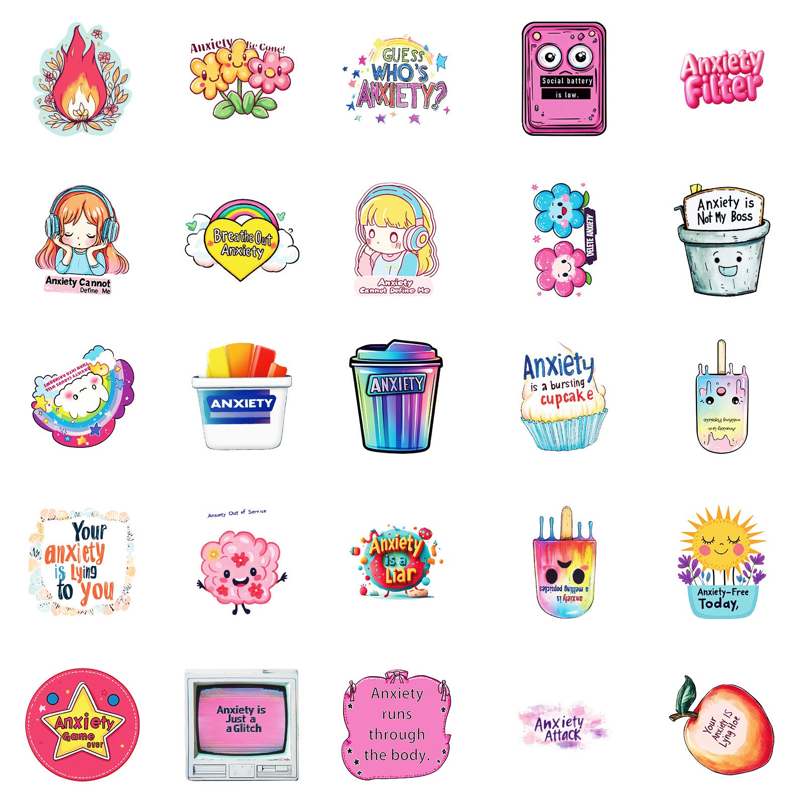 mental health stickers pack with positive affirmations and anxiety relief quotes, 55PCS vinyl anxiety stickers with self care messages and therapy support, motivational stickers for mental health journaling, laptops, and planners, uplifting waterproof mental health stickers for depression and anxiety support, cute cartoon-style mental health awareness sticker bundle for teens and adults, eco-friendly PVC mental health stickers for students and therapists, aesthetic mental health planner stickers with daily 