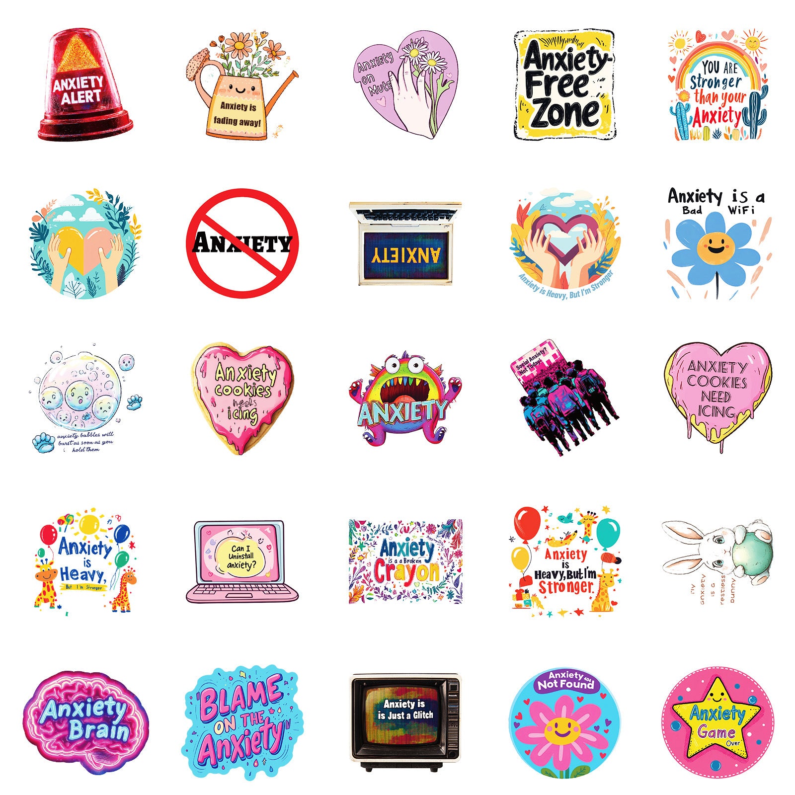 mental health stickers pack with positive affirmations and anxiety relief quotes, 55PCS vinyl anxiety stickers with self care messages and therapy support, motivational stickers for mental health journaling, laptops, and planners, uplifting waterproof mental health stickers for depression and anxiety support, cute cartoon-style mental health awareness sticker bundle for teens and adults, eco-friendly PVC mental health stickers for students and therapists, aesthetic mental health planner stickers with daily 