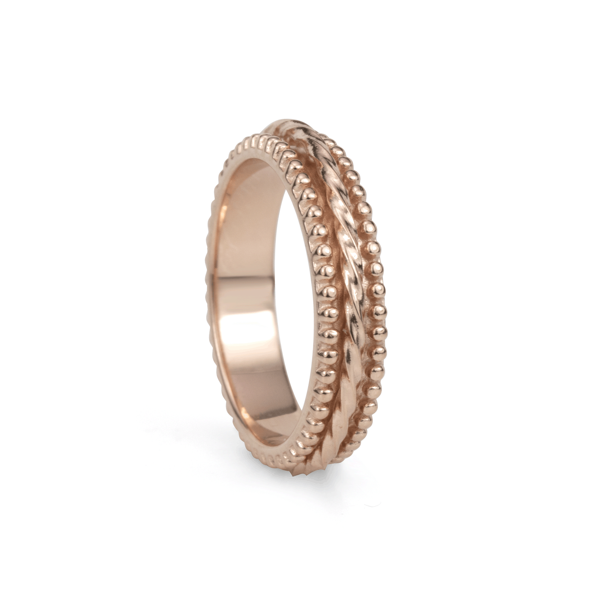 14KT Rose Gold Fidget Ring Meditation Agoda Ring with bubble edges and spinning band, displayed with Fidget Rings Tin and Travel Pouch