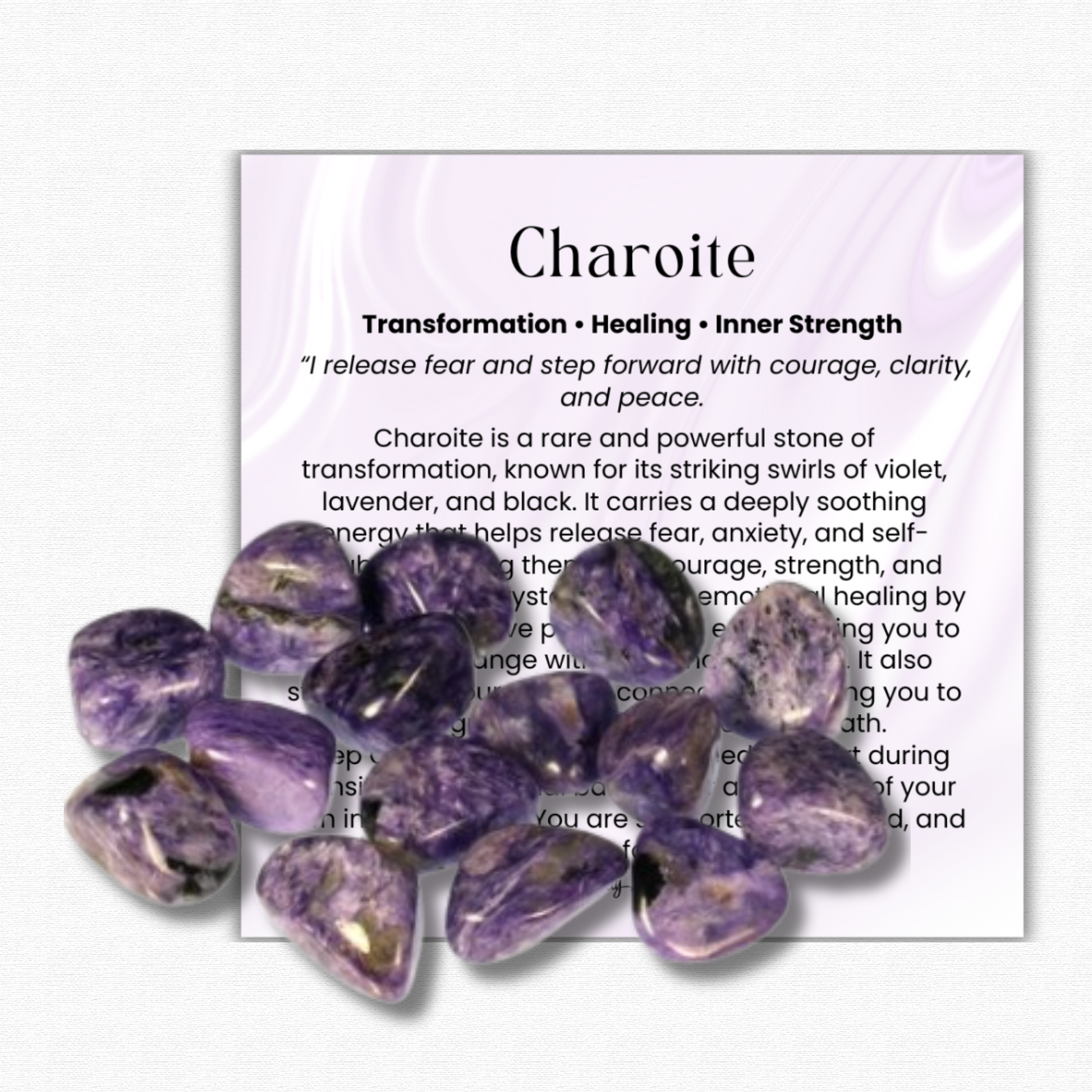 Charoite Tumbled Stone 1 inch, polished purple healing crystal for transformation and inner strength, charoite gemstone for anxiety relief and emotional healing, natural charoite pocket stone for meditation and mindfulness, violet charoite crystal for spiritual growth and resilience, calming crystal for stress support, genuine charoite gemstone gift for women and men, tumbled charoite crystal for intuition and balance
