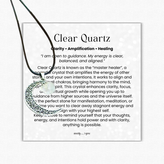 Crescent Moon Necklace in Amethyst, Rose Quartz, and Clear Quartz crystals, healing crystal moon pendant for love, clarity, and anxiety relief, gemstone crescent moon jewelry for women and men, rose quartz necklace for self-love, amethyst necklace for stress and spiritual balance, clear quartz necklace for manifestation and healing, spiritual moon jewelry gift, crystal pendant necklace for chakra healing and mindfulness