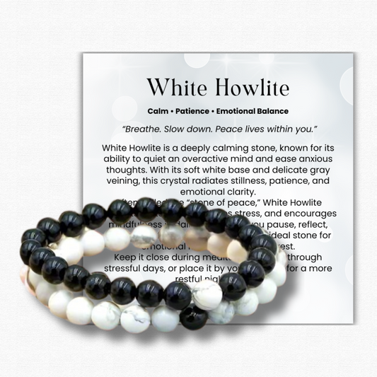 White Howlite & Black Agate Bracelet Set – friendship bracelets, couple’s jewelry, healing crystal bracelets for anxiety, grounding, balance & harmony.
