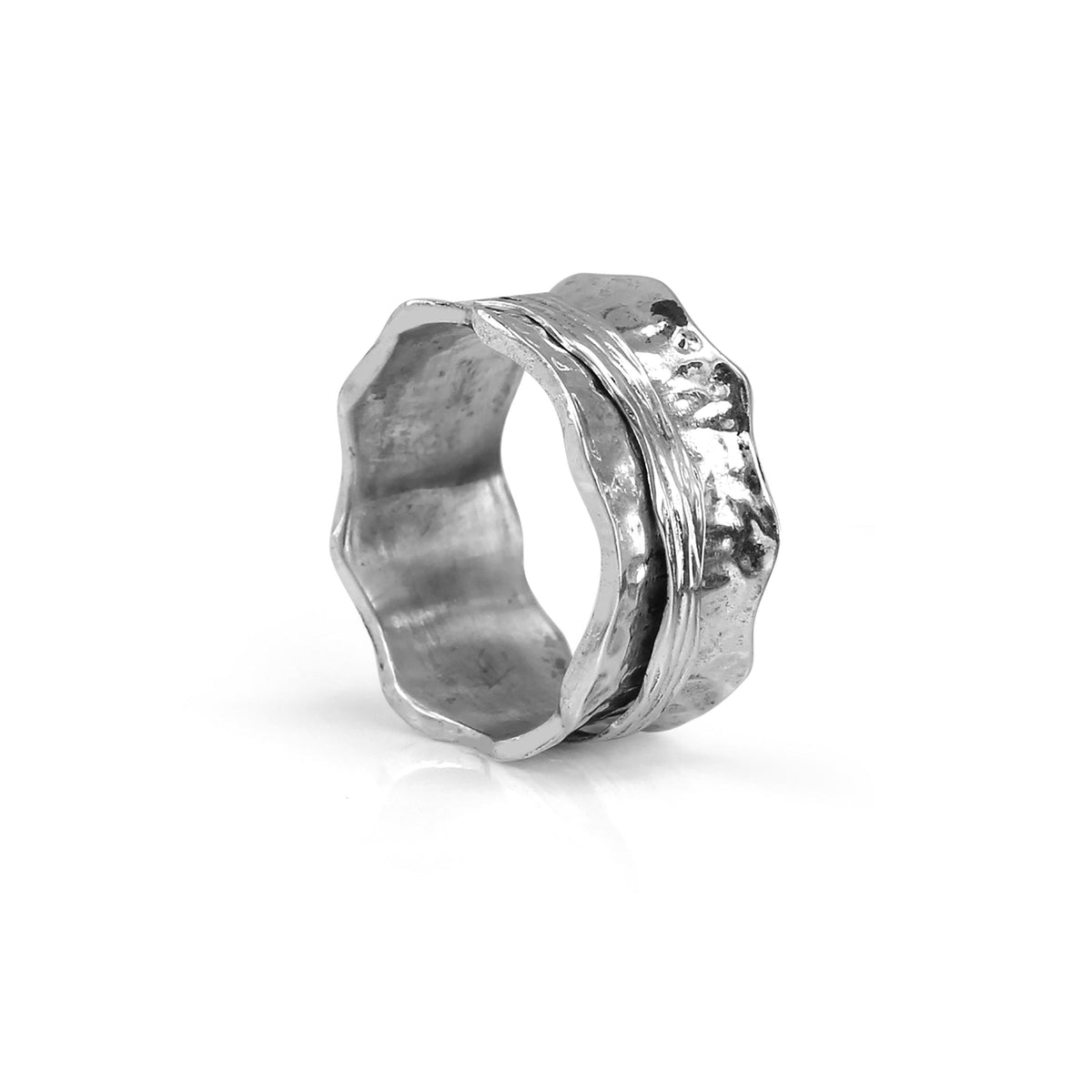 Sterling Silver Agoda Ring with scalloped edges and single spinning band, displayed with complimentary MeditationRings Tin and Travel Pouch