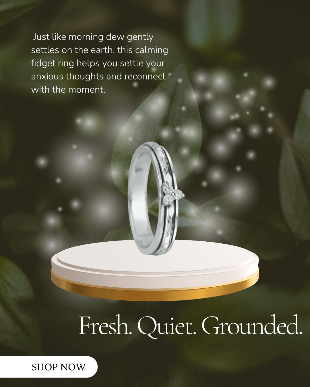 Gorgeous Sterling Silver Fidget Ring with delicately hammered center spinning band and CZ Three Tear Drop element, displayed with complimentary MeditationRings Tin and Travel Pouch