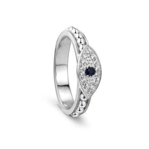 Evil Eye Ring with bubble pattern spinning band, clear CZ Evil Eye, and blue sapphire, displayed with complimentary MeditationRings tin and travel pouch