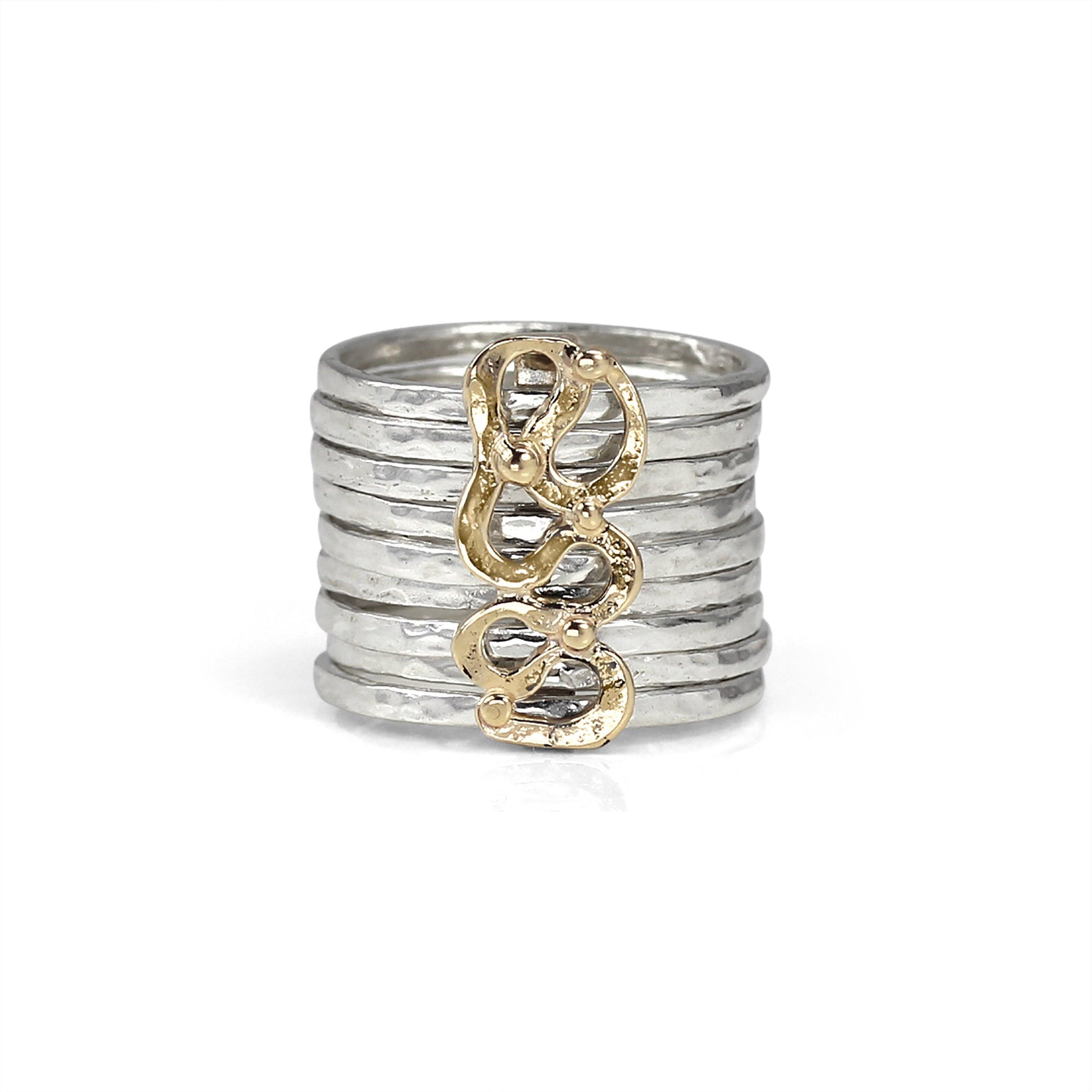 Sterling Silver Fidget Ring with Yellow Gold accent swirl bar and nine hammered silver spinning bands, displayed with complimentary MeditationRings Tin and Travel Pouch