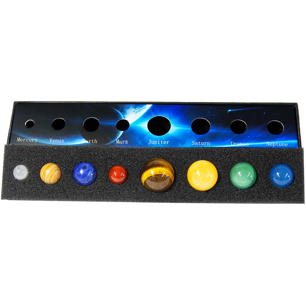 gemstone solar system set, crystal planet set, planetary gemstone set, solar system crystal display, gemstone planets kit, solar system crystal gift box, planetary stone set with display, solar system spheres with metaphysical meaning, gemstone solar system model