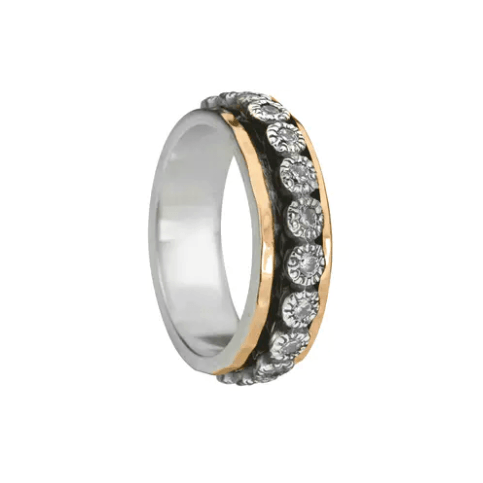 Sterling Silver and Gold Agoda Ring with Yellow Gold trim and CZ spinning band, displayed with complimentary MeditationRings Tin and Travel Pouch