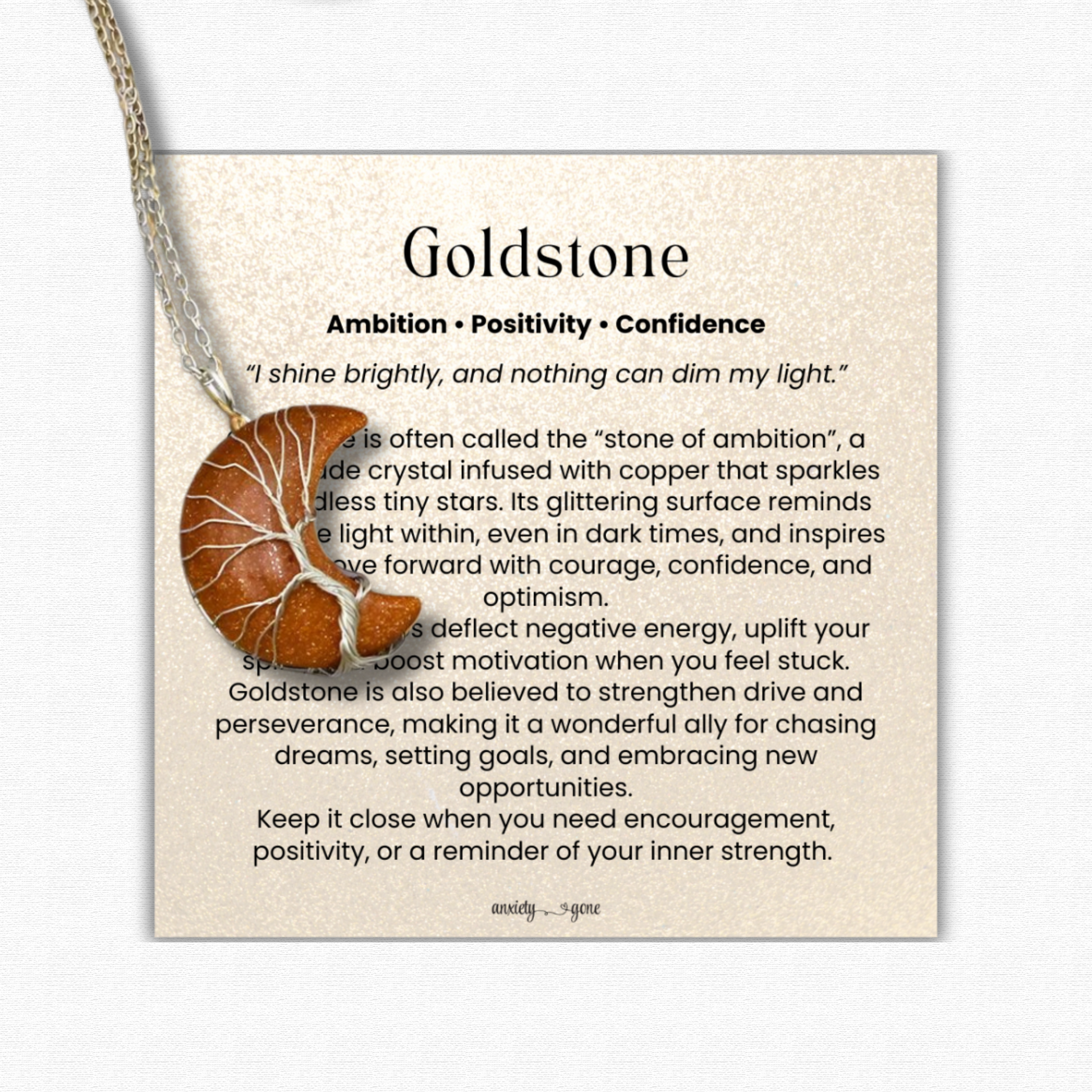 Goldstone Crescent Moon Necklace with Tree of Life wire wrapping, sparkling goldstone crystal jewelry for confidence, ambition, and positivity, crescent moon gemstone pendant for transformation and renewal, tree of life necklace for grounding and personal growth, goldstone healing crystal necklace gift for women and men, wire wrapped moon pendant, spiritual crystal jewelry for motivation and balance