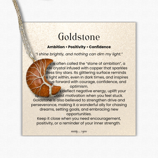 Goldstone Crescent Moon Necklace with Tree of Life wire wrapping, sparkling goldstone crystal jewelry for confidence, ambition, and positivity, crescent moon gemstone pendant for transformation and renewal, tree of life necklace for grounding and personal growth, goldstone healing crystal necklace gift for women and men, wire wrapped moon pendant, spiritual crystal jewelry for motivation and balance