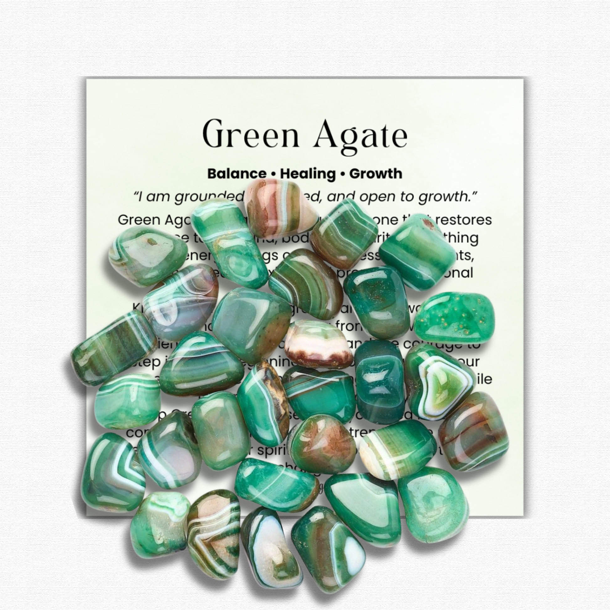 Banded Green Agate Tumbled Stone 1 inch, polished green healing crystal for balance and grounding, natural agate gemstone for stress relief and anxiety, calming banded green agate pocket stone for meditation and mindfulness, genuine green agate crystal for emotional healing and renewal, tumbled gemstone for reiki and chakra alignment, green agate stone for harmony and growth, crystal gift for women and men