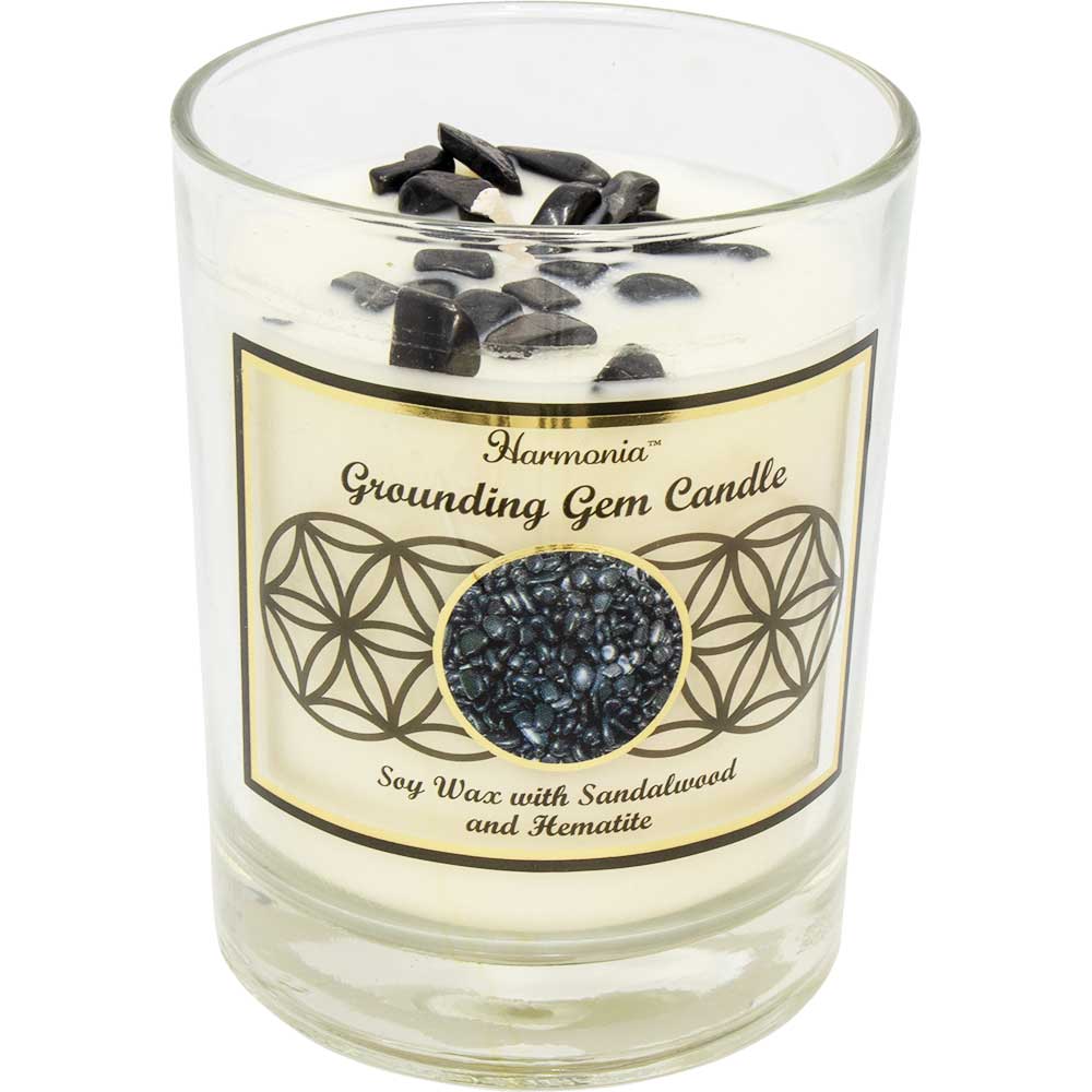 hematite crystal candle, grounding crystal candle, hematite soy candle, crystal infused candle, grounding candle with crystal, gemstone candle, soy gem candle, hematite candle, grounding candle, root chakra candle, crystal candle for grounding, candle for stability and focus, hematite energy candle, reiki candle for balance, spiritual candle for protection, stress relief crystal candle