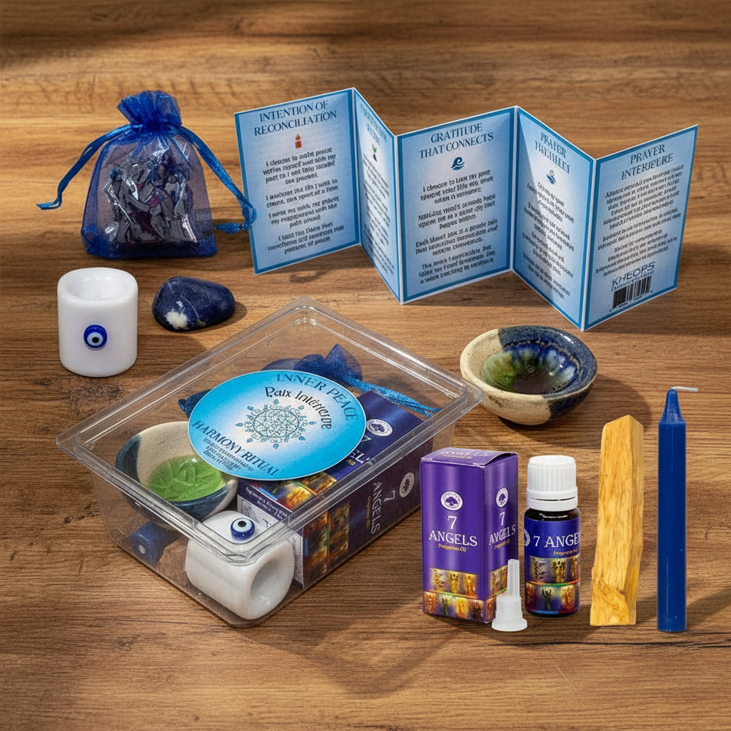 inner peace ritual kit, spiritual calming kit, stress relief ritual set, reiki energy peace kit, self-healing ritual box, balance and harmony ritual kit, meditation ritual set with sage, calming candle and crystal kit, intention setting ritual for peace, self-connection ritual box