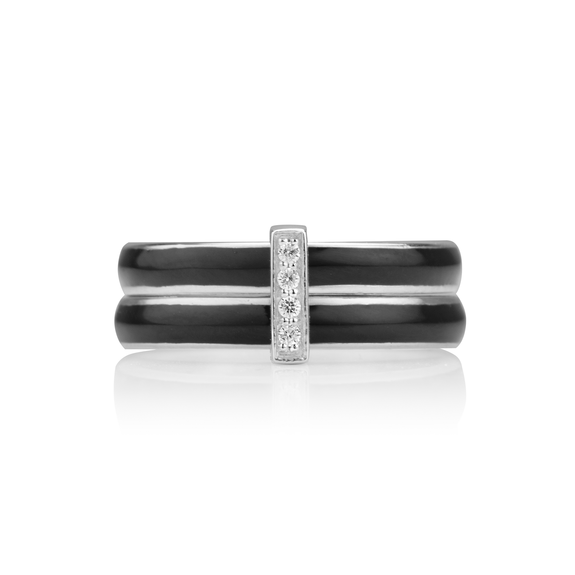 Sterling Silver Agoda Ring with black enamel spinning bands, encrusted with silver and CZ accents, displayed with complimentary Travel Pouch and Tin"