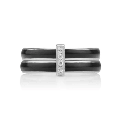 Sterling Silver Agoda Ring with black enamel spinning bands, encrusted with silver and CZ accents, displayed with complimentary Travel Pouch and Tin"