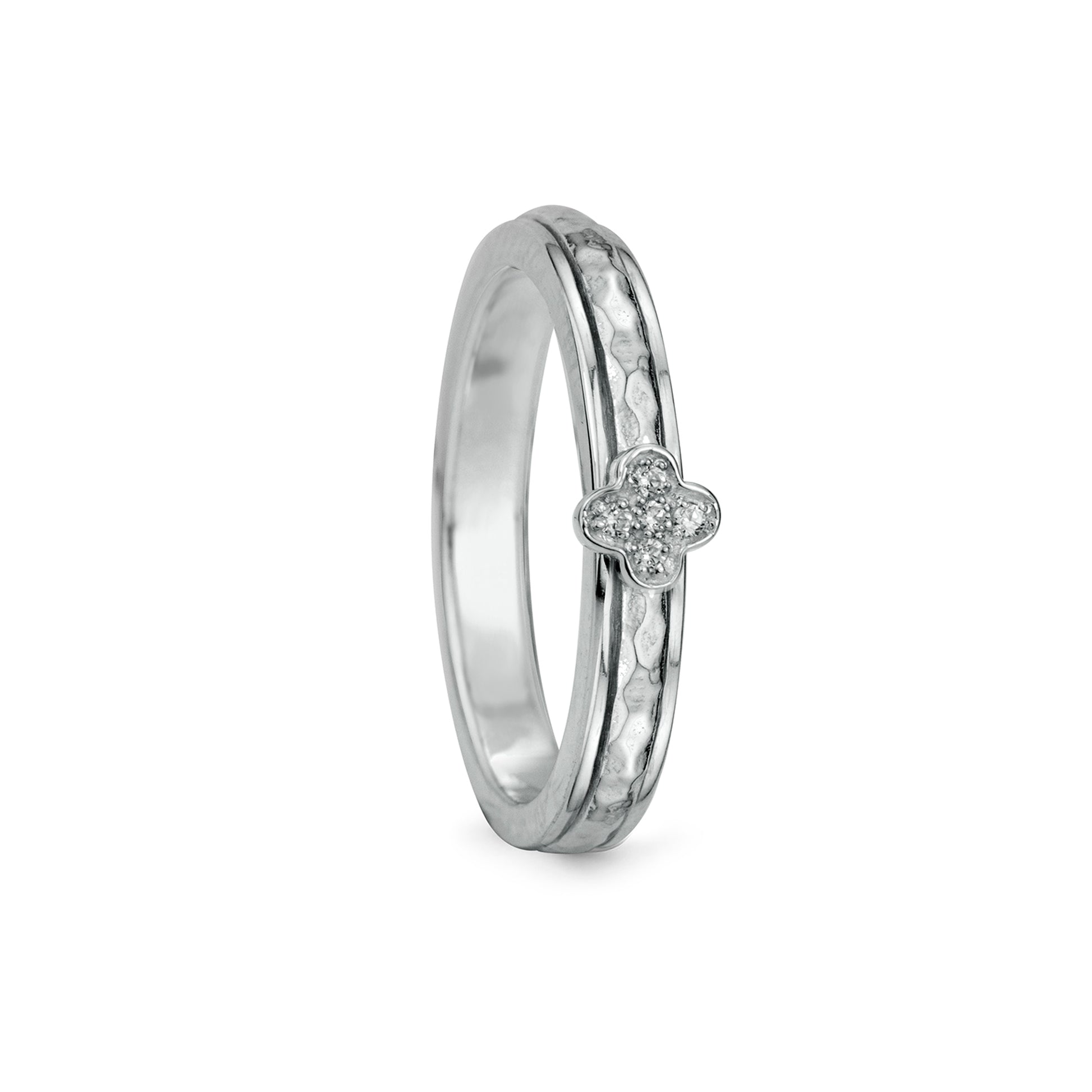 Sterling Silver Fidget Ring with lucky clover and hammered spinning band and CZ Clover element.