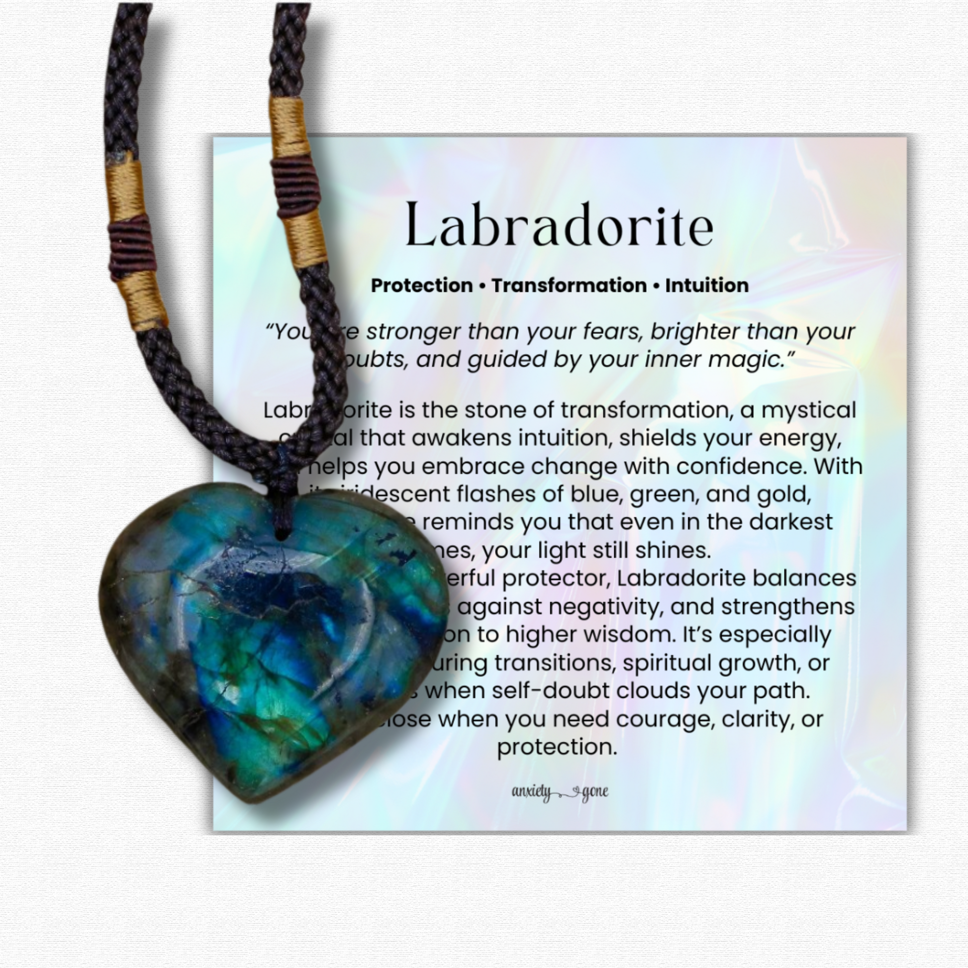 Labradorite Heart Necklace, iridescent blue and green healing crystal pendant, gemstone heart necklace for protection and transformation, labradorite jewelry for intuition and grounding, chakra healing necklace for women and men, spiritual crystal heart pendant gift, labradorite gemstone necklace with braided cord, protective crystal jewelry for energy balance and emotional healing