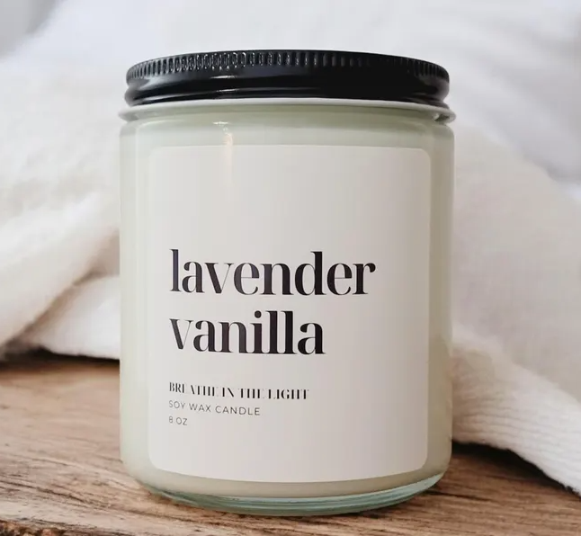 Lavender Vanilla Soy Candle handmade in uk, sustainable candle, calming gifts, and personalized soy wax candle for anxiety relief.