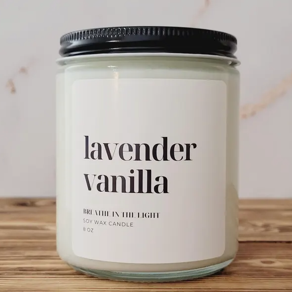 Lavender Vanilla Soy Candle handmade in uk, sustainable candle, calming gifts, and personalized soy wax candle for anxiety relief.