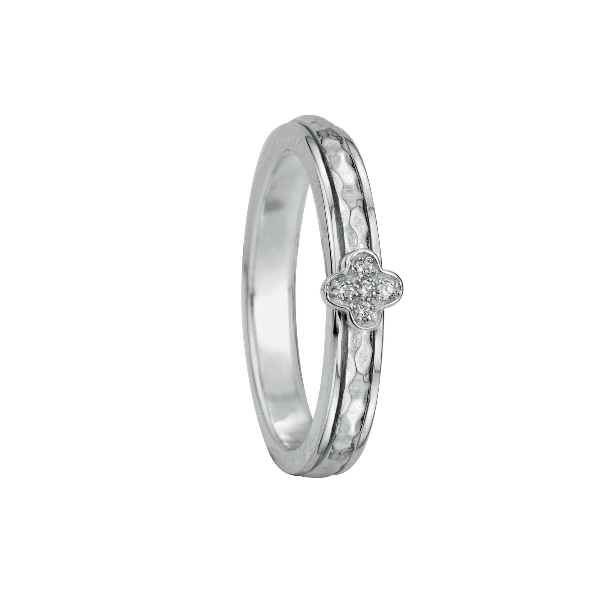 Sterling Silver Fidget Ring with lucky clover and hammered spinning band and CZ Clover element.